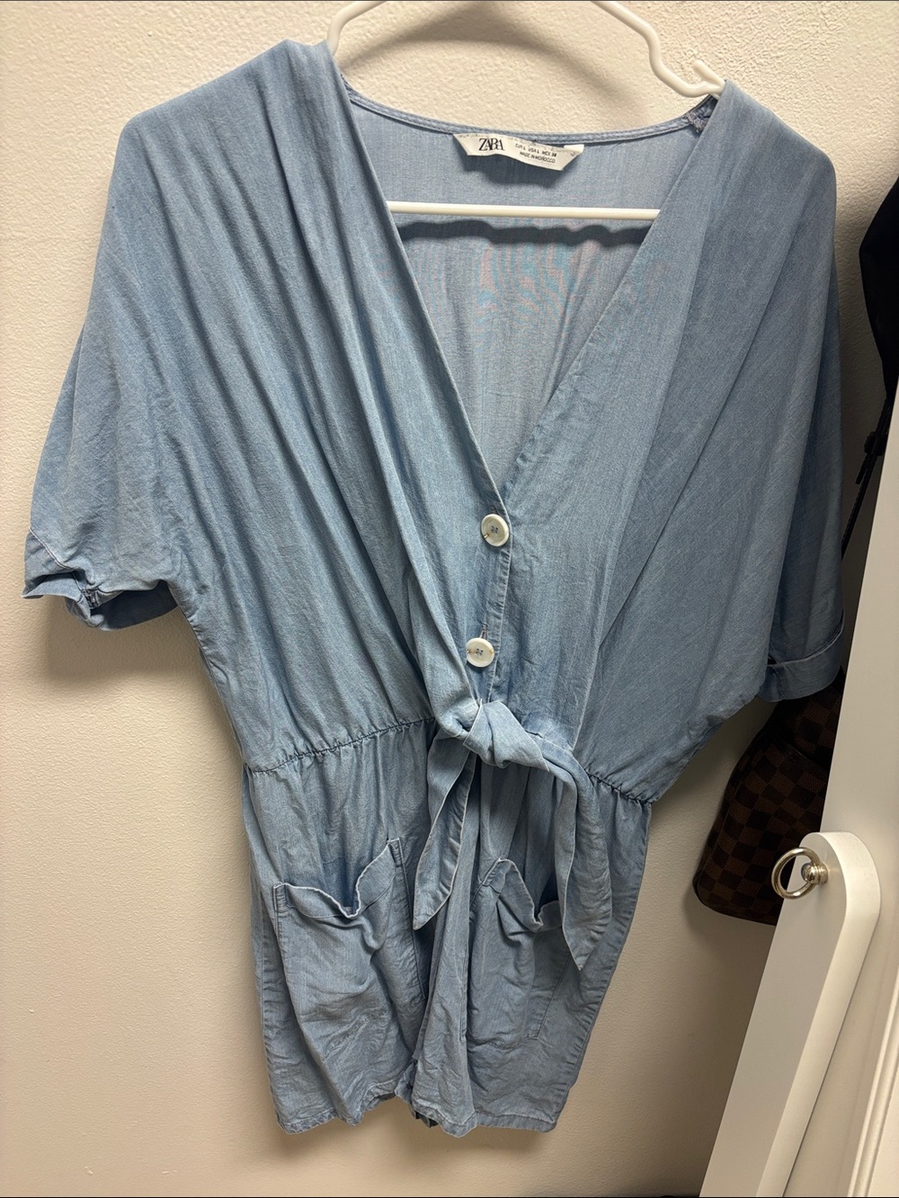 ZARA Light Blue Button-Front Tie Romper